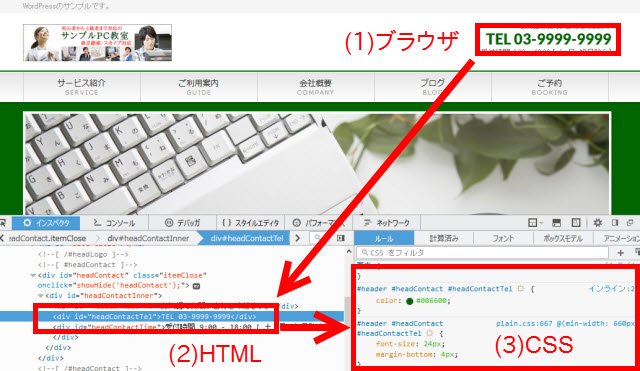 現在表示中の画面のHTMLとCSSが表示される