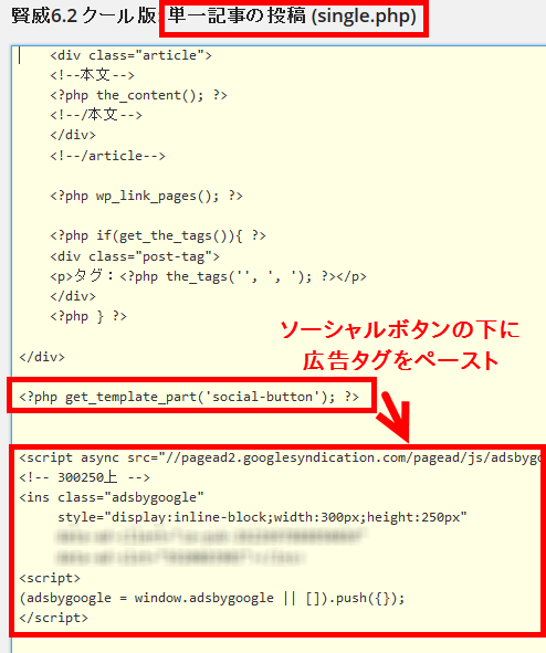 ソーシャルボタンの下に広告タグをペースト