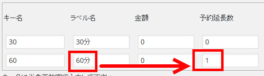 長い時間のコースでは「予約延長数」を入力