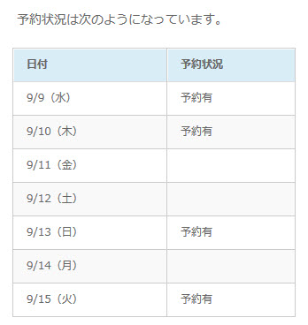 予約のない日のセルが空になっている