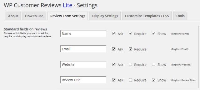 入力項目の設定画面（Review Form Settings）