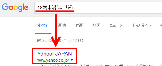 「18歳未満はこちら」で検索するとYahoo! JAPANが1位に