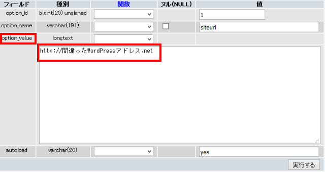 間違ったWordPressアドレスを確認