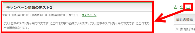 「小」をクリックすると文字が小さくなる