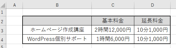 Excelで作成した料金表