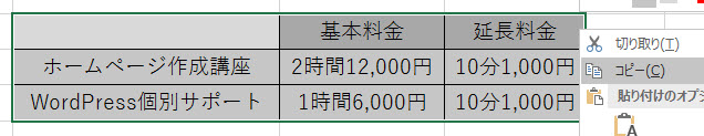 表を選択してコピーする