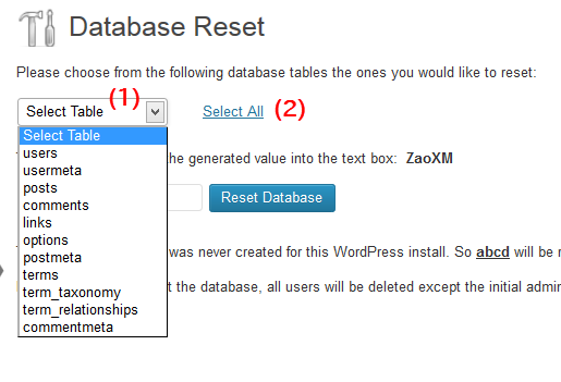 Database Resetメニュー