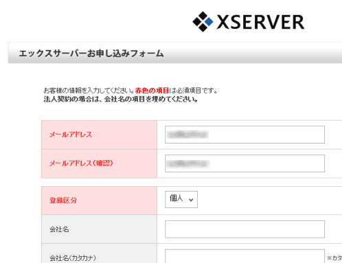 申し込みフォームに入力