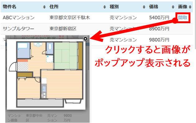 「間取」をクリックすると間取画像がポップアップ表示されるテーブル