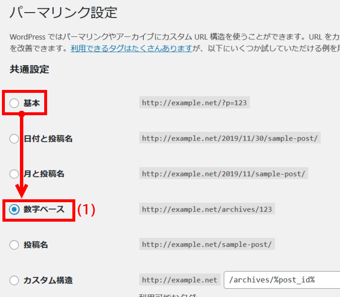 パーマリンク設定を「デフォルト」以外に