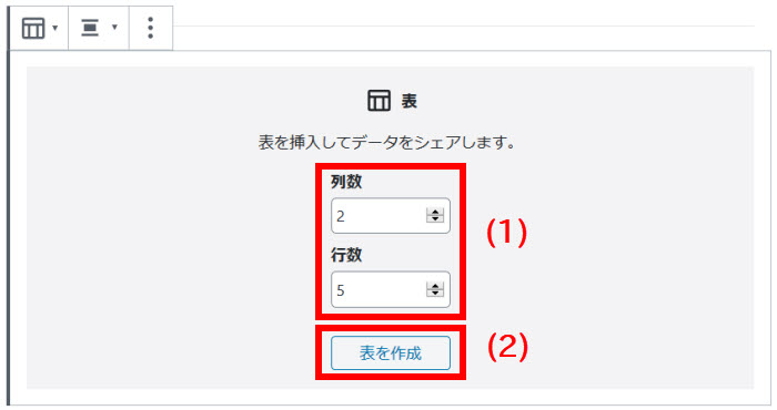 表の行数・列数を選択