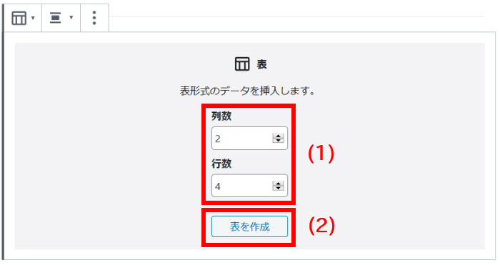 表の行数・列数を選択